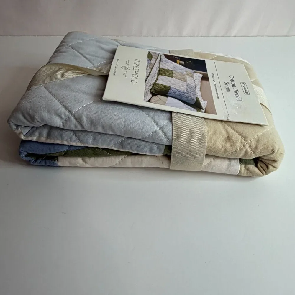 Threshold Cotton Pieced Standard Pillow Sham 20x26 NWT Blue Cream Beige